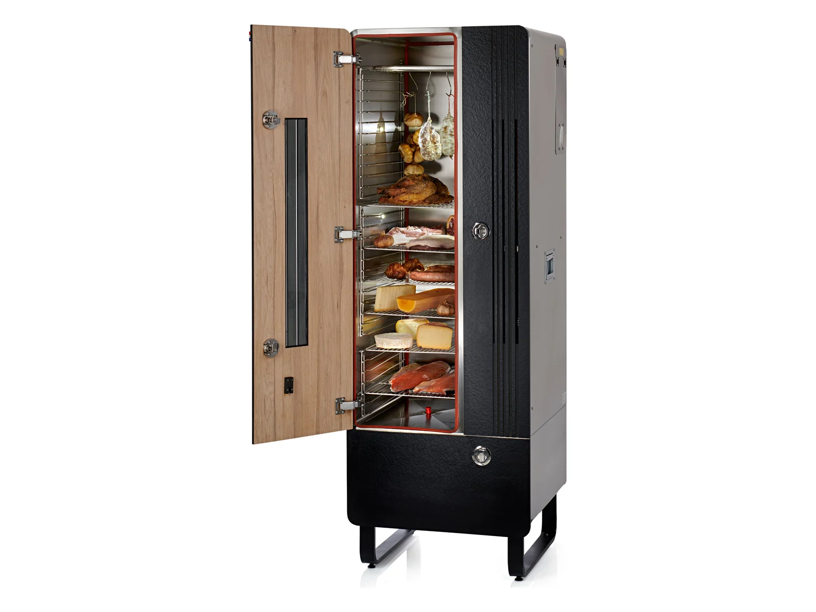 Fumoir Smoclean porte ouverte, grilles garnies de poisson, fromages et charcuterie
